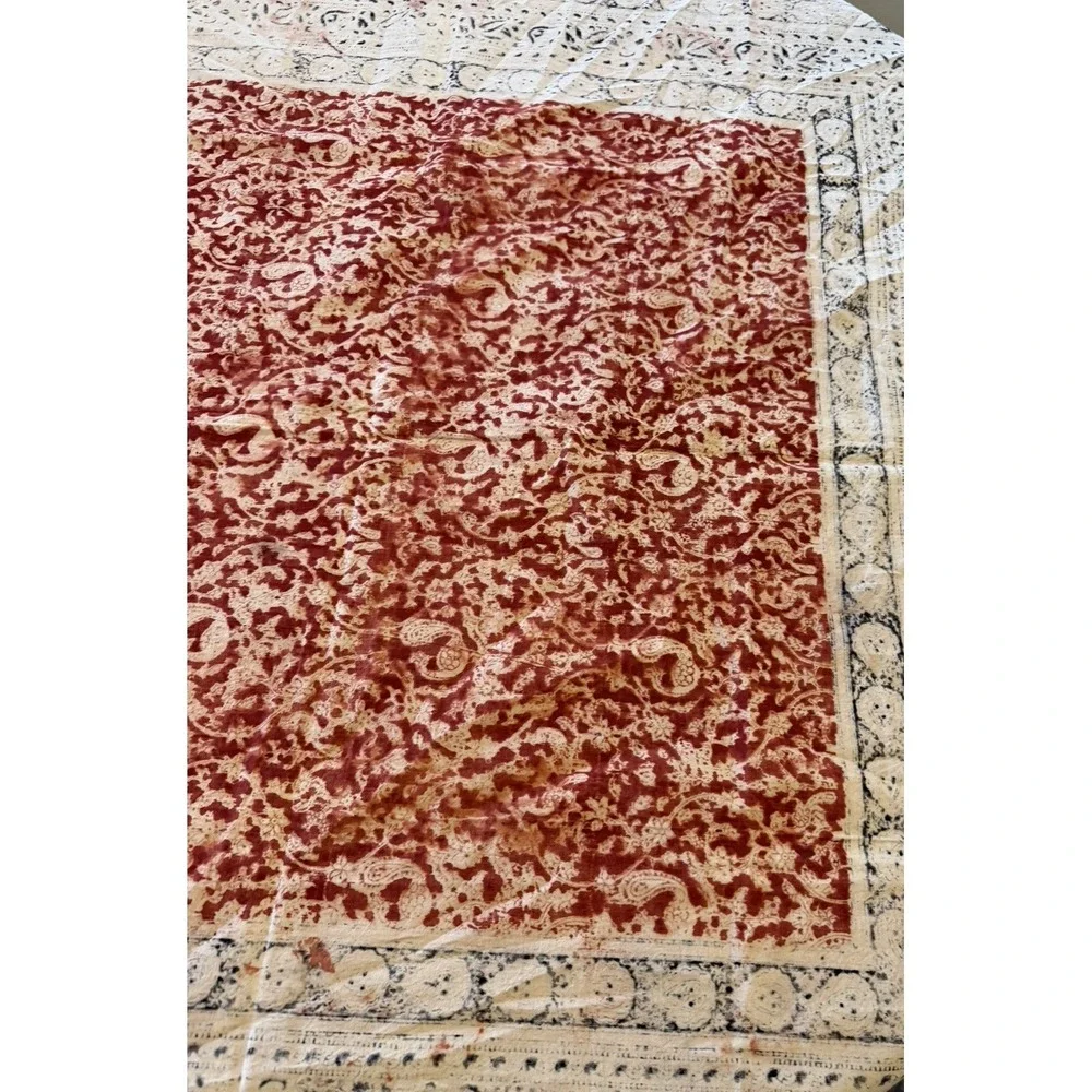 Vintage Indian Block Print Floral Tablecloth Border Black Burgundy Square 44